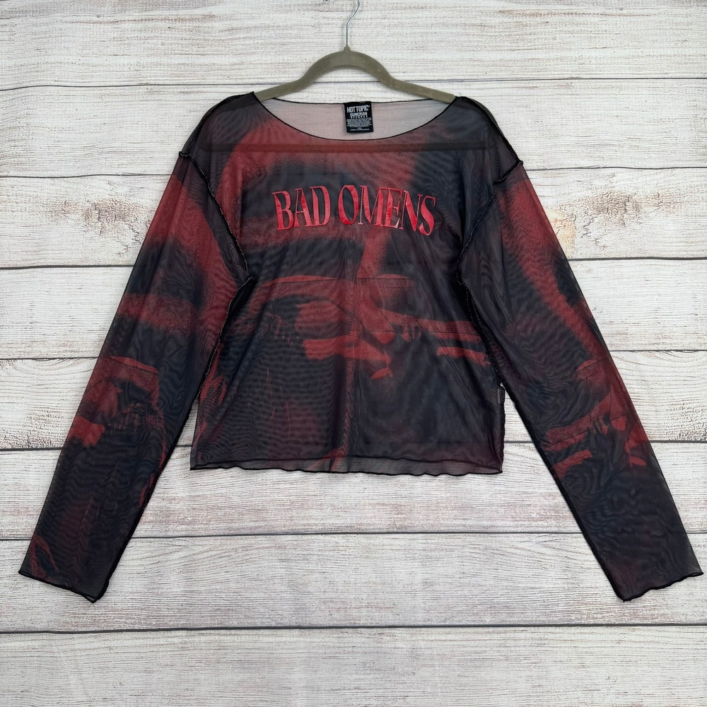 Hot Topic Bad Omens Mesh Top Womens 2XL Red Black Long Sleeve Sheer Graphic Band